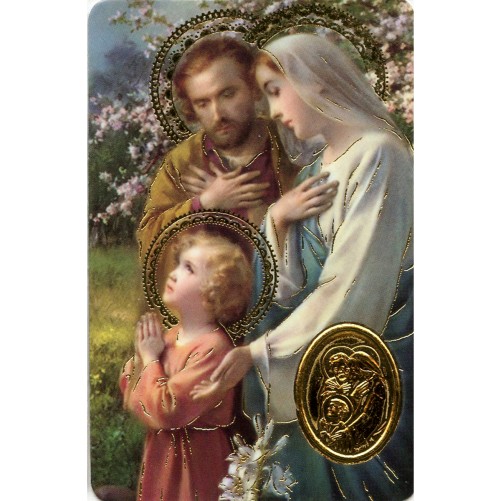 Carte prière plastifiée avec poinçon doré imitation médaille H.8.5 x 5.4 cm, plusieurs saints.