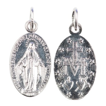 Medaille alliage metal/aluminium couleur argentee de la Vierge Miraculeuse inscription en Francais, plusieurs tailles.