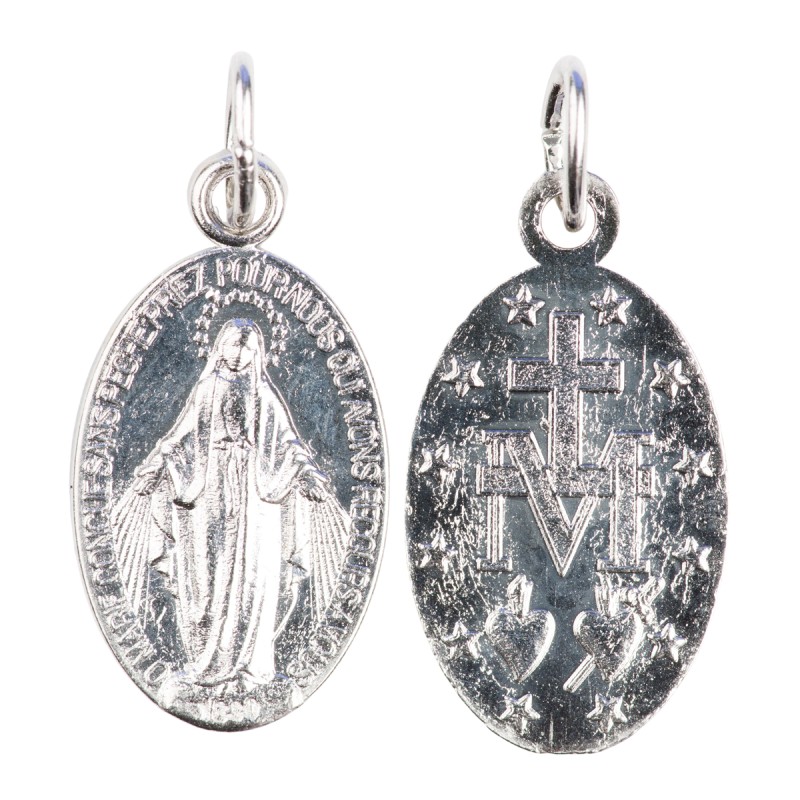 Medaille alliage metal/aluminium couleur argentee de la Vierge Miraculeuse inscription en Francais, plusieurs tailles.