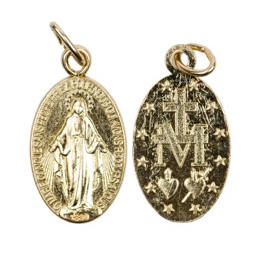 Medaille alliage metal/aluminium couleur doree de la Vierge Miraculeuse inscription en Francais, plusieurs tailles.