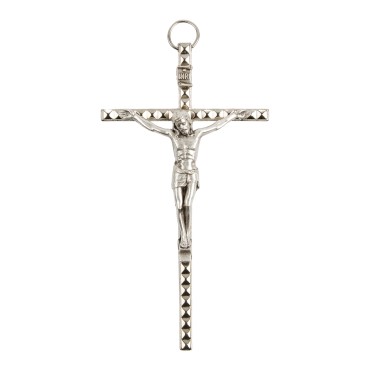 Crucifix forme carrée a facette métal couleur argentée avec Christ - H. 11 cm.