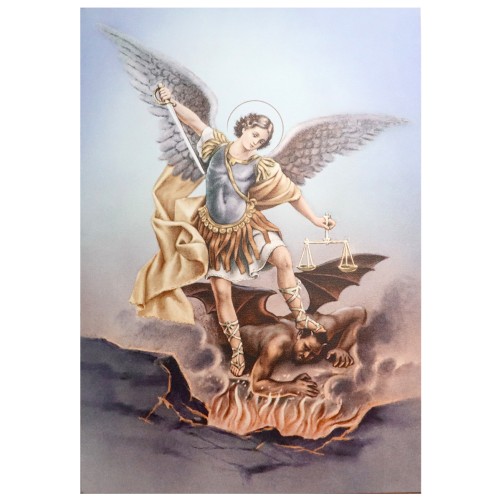 Tableau représentant saint Michel, réalisé sur toile tendue et montée sur cadre en bois – Format 70 x 50 cm.