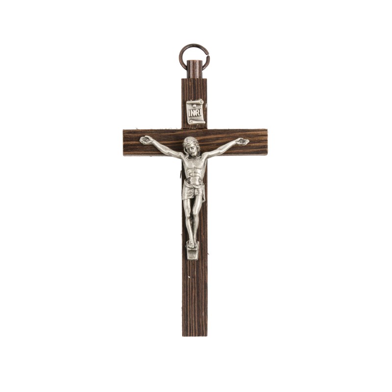 Crucifix bois foncé style palissandre avec Christ métal couleur argentée - H. 8 cm