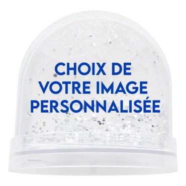 Boule a neige paillette de couleur argentee Ø 9 cm livre en boite individuelle. Personnalisable avec 2 photos.