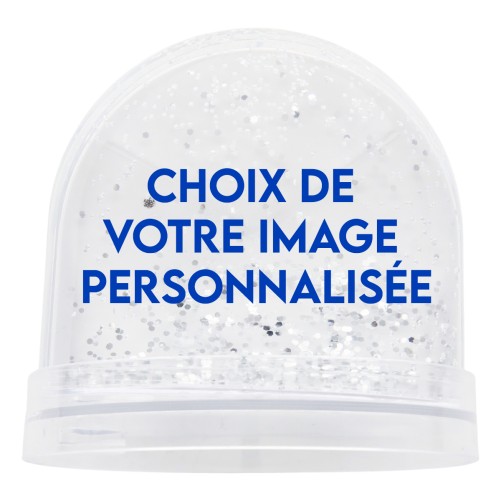 Boule a neige paillette de couleur argentee Ø 9 cm livre en boite individuelle. Personnalisable avec 2 photos.