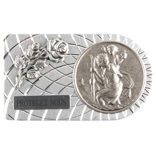 Plaque auto arrondie et striée H. 3 x 5,5 cm en alu avec rose et médaille de saint Christophe.