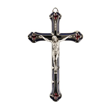 Crucifix métal et Christ couleur argenté + résine bleue et rouge H. 13,5 cm.