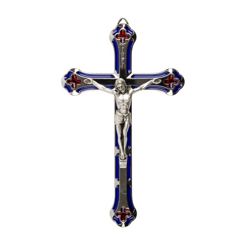 Crucifix métal et Christ couleur argenté + résine bleue et rouge, sur socle H. 17 cm.