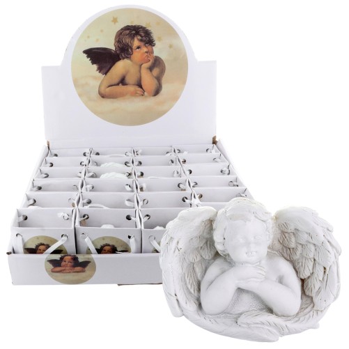 Ange gardien dans aile, hauteur 4.4 cm livre dans une pochette cadeau. Boite presentoir de 24 anges assortis.