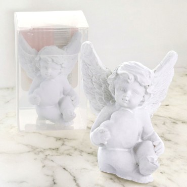 Boite presentoir 36 anges blancs avec un cœur, H. 4,4 cm, presentes dans une boite individuelle