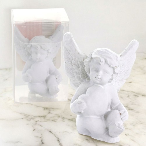 Boite presentoir 36 anges blancs avec un cœur, H. 4,4 cm, presentes dans une boite individuelle