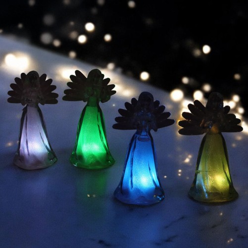 Ange gardien avec lumiere tournante hauteur 10 cm facon cristal. Boite de 12. (4 serie de 3 anges assortis).
