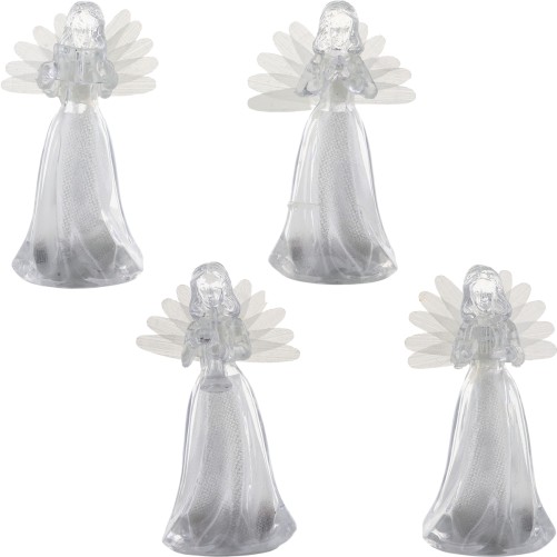 Ange gardien avec lumiere tournante hauteur 10 cm facon cristal. Boite de 12. (4 serie de 3 anges assortis).