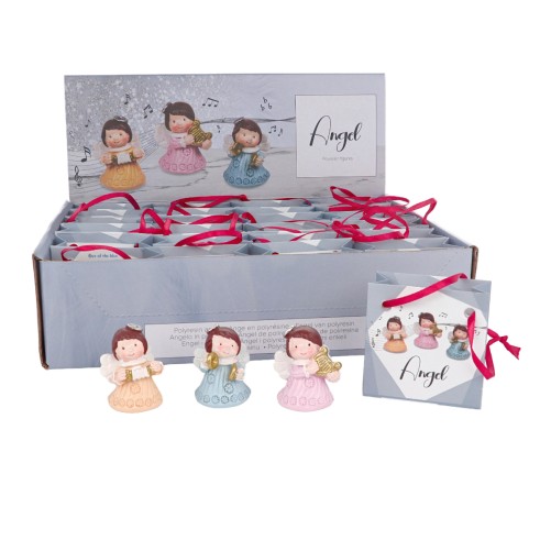 Boite de 24 anges musiciens de couleur, hauteur 4 cm. Livre en pochette cadeau.