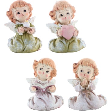 Ange en resine coloree, hauteur 5 cm, vendu par boite de 12. SERIE DE 4 ASSORTIES.