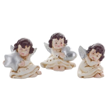 Assortiment d anges assis en résine de couleur beige et argentée, H. 5 cm - LOT DE 3