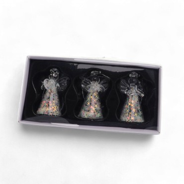 Ange en verre paillete avec etoile - Hauteur : 4,5 cm, Serie de 3 anges assortis.