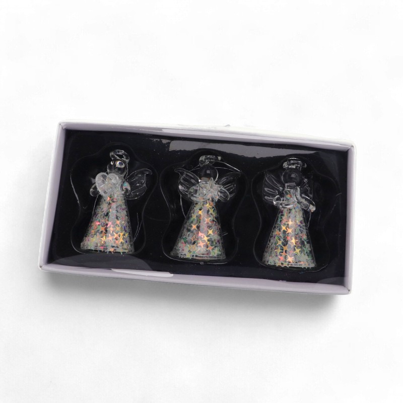 Ange en verre paillete avec etoile - Hauteur : 4,5 cm, Serie de 3 anges assortis.