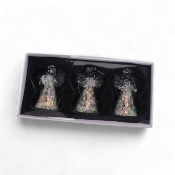 Ange en verre paillete avec etoile - Hauteur : 4,5 cm, Serie de 3 anges assortis.