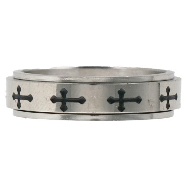 Bague dizainier tournant avec croix ajouree en acier inoxydable de couleur argente. Differentes tailles.