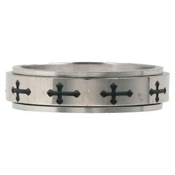 Bague dizainier tournant avec croix ajouree en acier inoxydable de couleur argente. Differentes tailles.