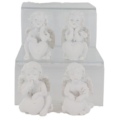 Boite de 24 anges assis en resine avec coeur et ailes pailletees - H. 5.50 cm (6 lots de 4 anges assortis)