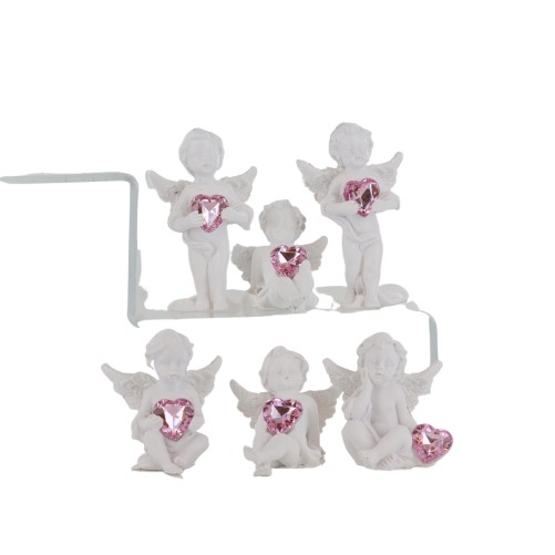 Boite de 12 anges en resine avec coeur - H. 4-7 cm (2 assortiments de 6 anges differents)