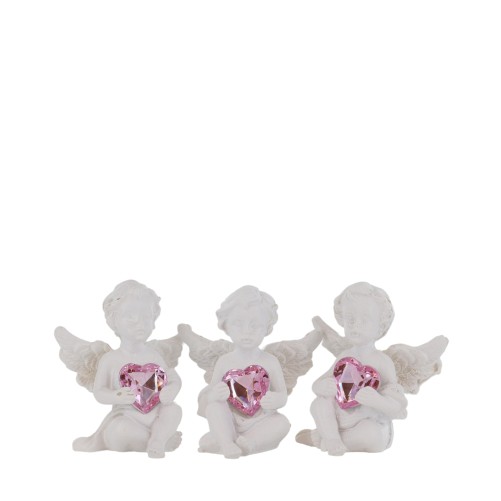 Boite de 12 anges en resine assis avec coeur - H. 4.5 cm (4 lots de 3 anges assortis)
