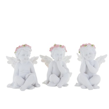 Boite de 6 anges assis en resine - H. 7.5 cm. 2 LOTS DE 3 ANGES ASSORTIS