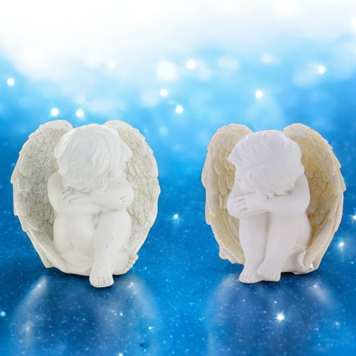 Boite de 4 anges assis en resine couleur doree et argentee - H. 12.5 cm. (1 lot de 4 anges assortis)