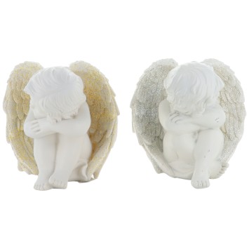 Boite de 4 anges assis en resine couleur doree et argentee - H. 12.5 cm. (1 lot de 4 anges assortis)