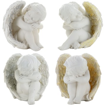Boite de 4 anges assis en resine couleur doree et argentee - H. 12.5 cm. (1 lot de 4 anges assortis)