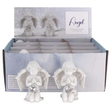 Boite de 12 anges a genoux en resine avec coeur strass - H. 7.50 cm (6 lots de 2 anges assortis)