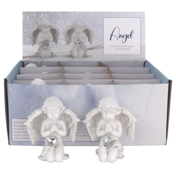 Boite de 12 anges a genoux en resine avec coeur strass - H. 7.50 cm (6 lots de 2 anges assortis)