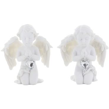 Boite de 12 anges a genoux en resine avec coeur strass - H. 7.50 cm (6 lots de 2 anges assortis)
