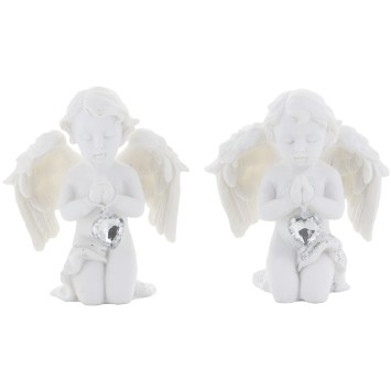 Boite de 12 anges a genoux en resine avec coeur strass - H. 7.50 cm (6 lots de 2 anges assortis)