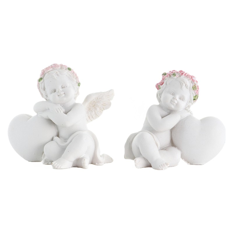 Boite de 6 anges  decor roses avec coeur, H. 7cm ( 3 lots de 2 assortis)