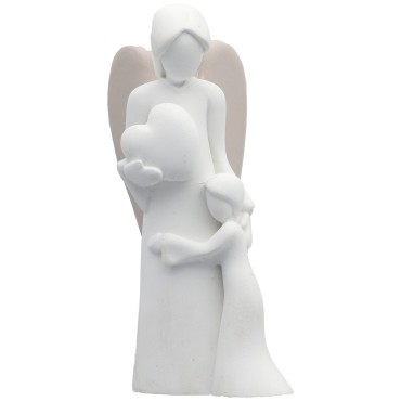 Ange blanc en résine décor cœur avec enfant, H 9 cm. Livre en boite individuelle.