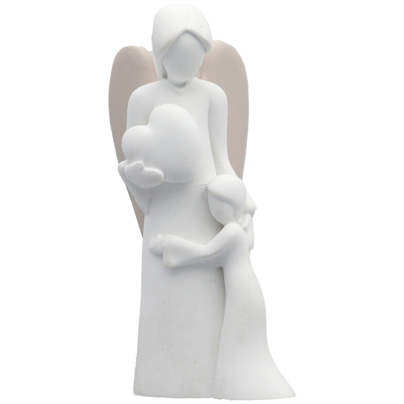 Ange blanc en résine décor cœur avec enfant, H 9 cm. Livre en boite individuelle.