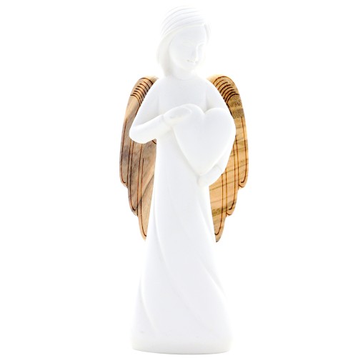 Ange blanc en résine avec mains jointes et ailes en bois - hauteur 11,5 cm, livre en boite individuelle.