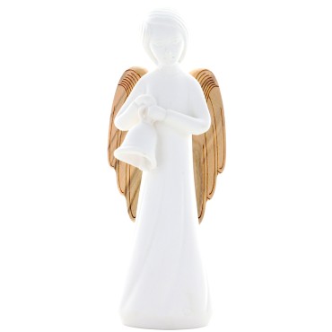 Ange blanc en résine avec décor cœur et aile en bois - hauteur 11,5 cm, livre en boite individuelle.