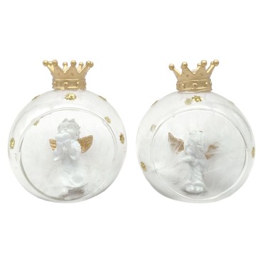 Ange en resine et ailes de couleur doree dans boule de verre avec couronne sur le dessus Ø 8 cm, LOT DE 2 BOULES