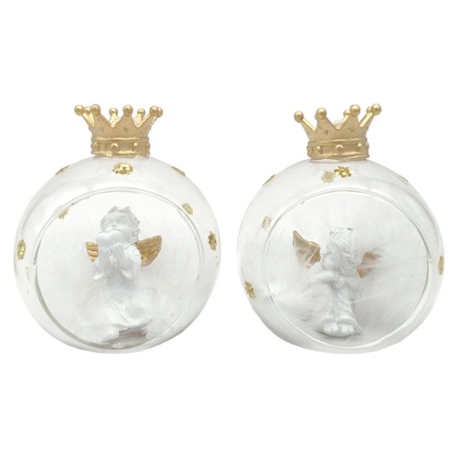 Ange en resine et ailes de couleur doree dans boule de verre avec couronne sur le dessus Ø 8 cm, LOT DE 2 BOULES