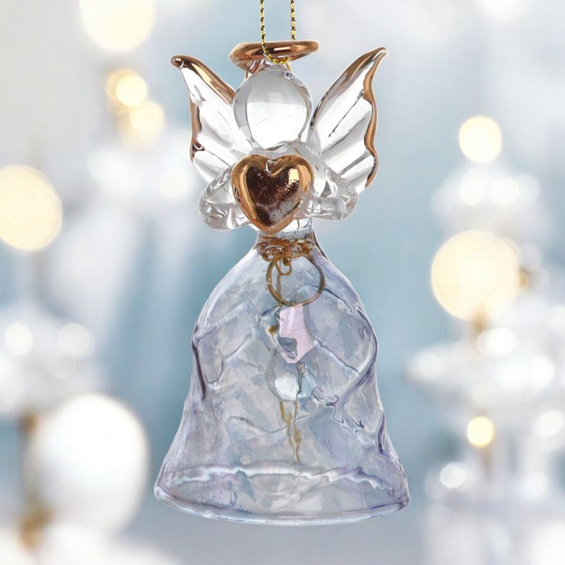 Ange en verre robe torsadée de couleur avec clochette  H. 6 cm, SERIE DE 3 ANGES ASSORTIS