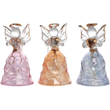Ange en verre robe torsadée de couleur avec clochette  H. 6 cm, SERIE DE 3 ANGES ASSORTIS