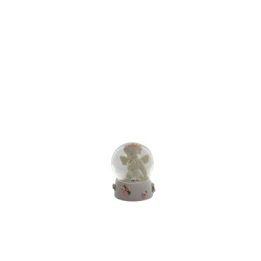 Boite de 12 boules a neige en verre avec ange et decor roses - H. 6 cm. (3 lots de 4 boules assorties)