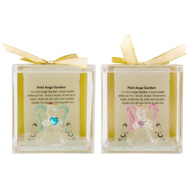 Ange en verre sur support avec priere de l ange gardien H. 9,5 x7,5 cm, livre en boite cadeau, 2 couleurs.