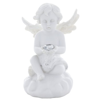 Ange blanc en resine, assis sur un nuage avec coeur LED (piles incluses) H. 11 cm.