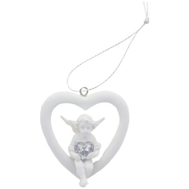 Boite de 12 anges dans coeur avec coeur strass a suspendre. H. 6 cm