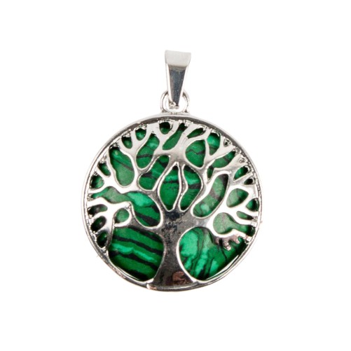 Pendentif arbre de vie metal couleur argentee fond pierre Ø 2,7 cm. Livre en boite.